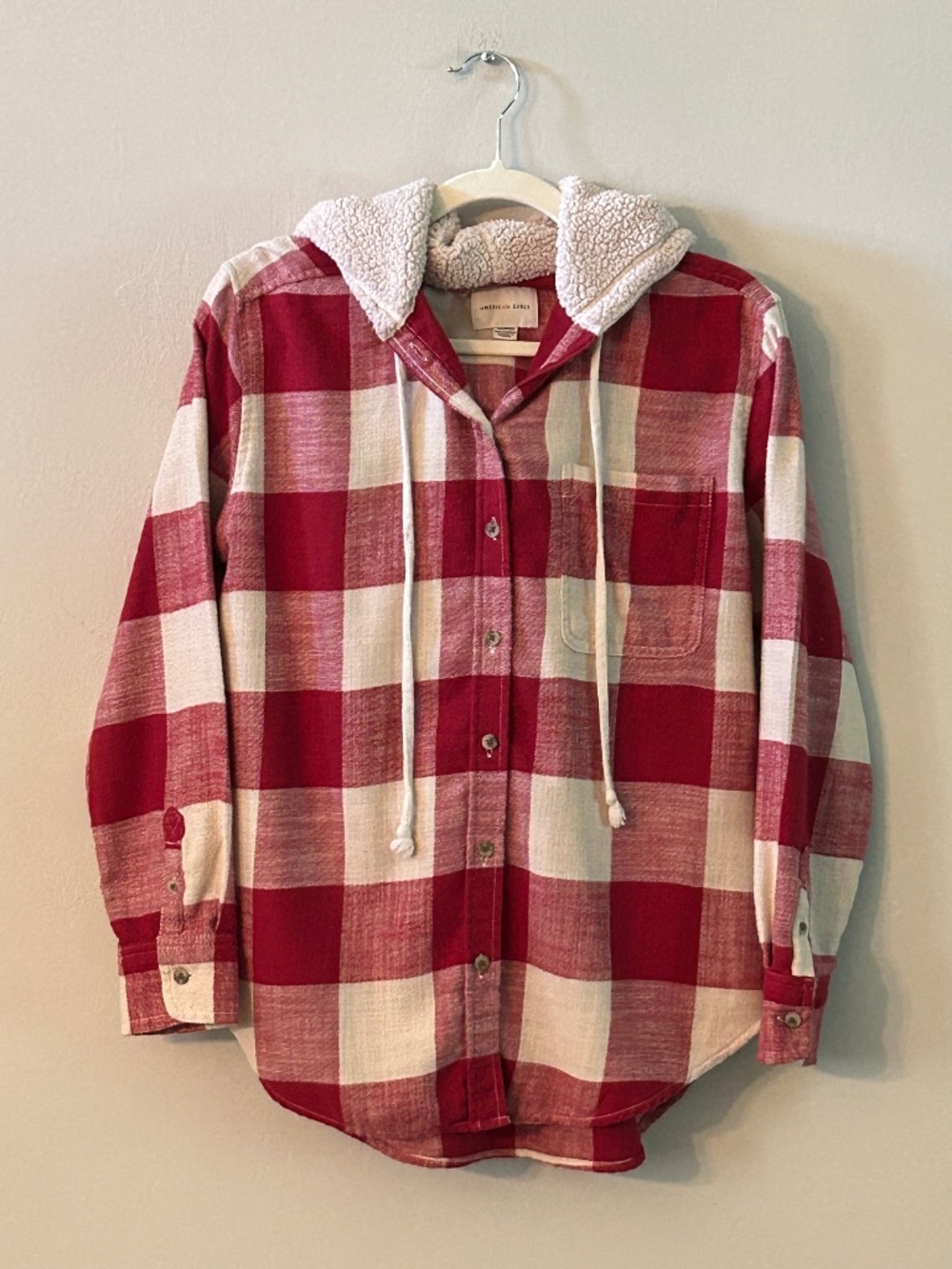 AE Oversized Red White Buffalo Plaid Hooded Shacket Cozy Cabincore Lumberjack XS